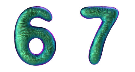 Number set 6, 7 made of realistic 3d render green color. Collection of natural snake skin texture...