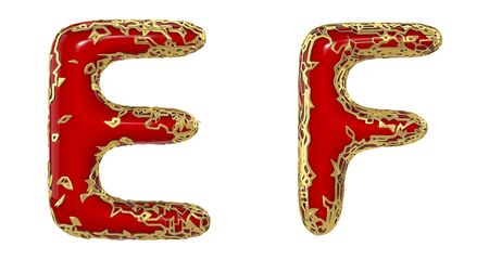 Realistic 3D letters set E, F made of gold shining metal letters. Collection of gold shining metallic with red paint symbol isolated on white backgroundの写真素材