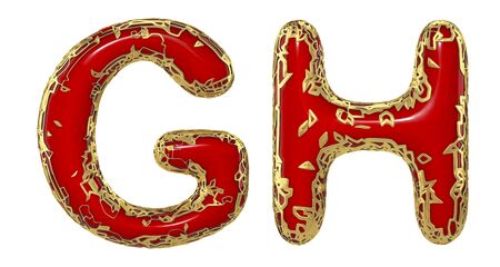 Realistic 3D letters set G, H made of gold shining metal letters. Collection of gold shining metallic with red paint symbol isolated on white backgroundの写真素材