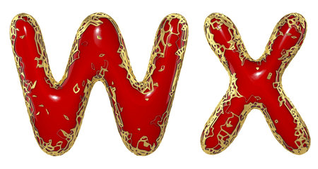 Realistic 3D letters set W, X made of gold shining metal letters. Collection of gold shining metallic with red paint symbol isolated on white backgroundの写真素材