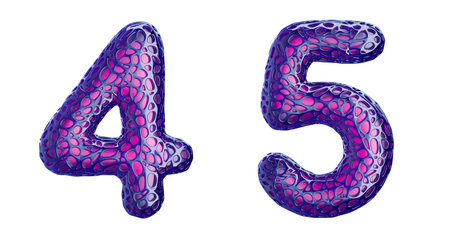 Number set 4, 5 made of purple plastic. Collection symbols of plastic with abstract holes isolated...