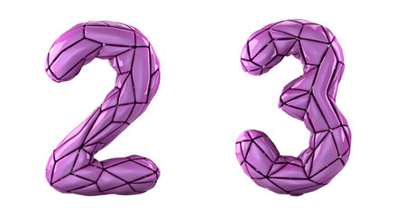 Number set 2, 3 made of pink color plastic. Collection symbols of low poly style blue color plastic...