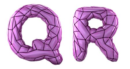 Realistic 3D letters set Q, R made of low poly style. Collection symbols of low poly style pink color plastic isolated on white background 3d renderingの写真素材