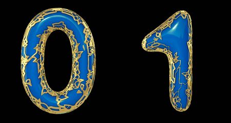 Number set 0, 1 made of realistic 3d render golden shining metallic. Collection of gold shining metallic with blue color plastic symbol isolated on black backgroundの写真素材