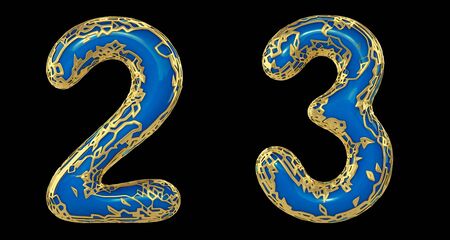 Number set 2, 3 made of realistic 3d render golden shining metallic. Collection of gold shining metallic with blue color plastic symbol isolated on black backgroundの写真素材
