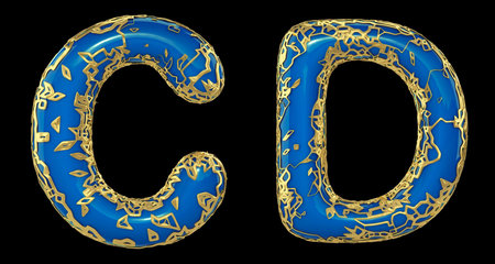 Realistic 3D letters set C, D made of gold shining metal letters. Collection of gold shining metallic with blue paint symbol isolated on black backgroundの写真素材
