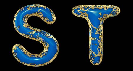 Realistic 3D letters set S, T made of gold shining metal letters. Collection of gold shining metallic with blue paint symbol isolated on black backgroundの写真素材