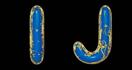 Realistic 3D letters set I, J made of gold shining metal letters. Collection of gold shining metallic with blue paint symbol isolated on black backgroundの写真素材