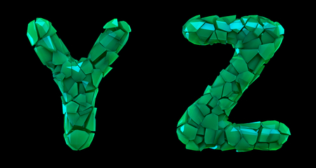 Letter set Y, Z made of 3d render plastic shards green color. Collection of plastic alphabet isolated on black.の写真素材