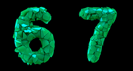 Number set 6, 7 made of 3d render plastic shards green color. Collection of plastic number isolated on black.の写真素材