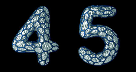 Number set 4, 5 made of realistic 3d render silver shining metallic. Collection of silver shining...