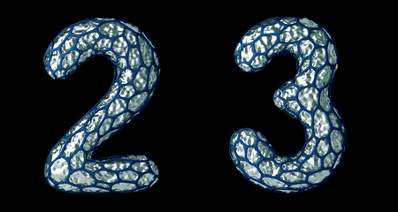 Number set 2, 3 made of realistic 3d render silver shining metallic. Collection of silver shining metallic with blue cage symbol isolated on black backgroundの写真素材