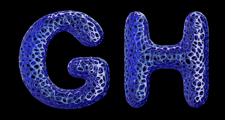 Realistic 3D letters set G, H made of blue plastic. Collection symbols of plastic with abstract holes isolated on black background 3d renderingの写真素材