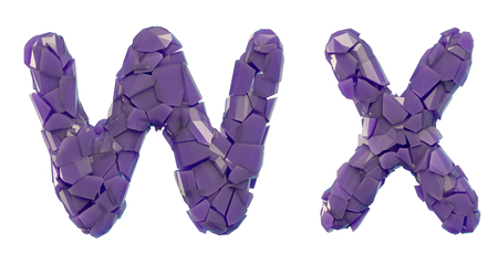 Letter set W, X made of 3d render plastic shards purple color. Collection of plastic alphabet isolated on white.の写真素材