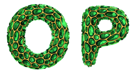 Letter set O, P made of realistic 3d render green diamond. Collection of Diamond alphabet isolated on white backgroundの写真素材
