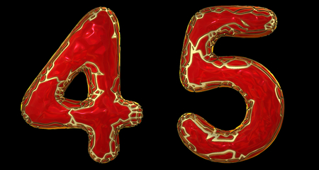 Number set 4, 5 made of realistic 3d render golden shining metallic. Collection of gold shining metallic with red color plastic symbol isolated on black backgroundの写真素材