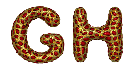 Letter set G, H made of realistic 3d render golden shining metallic. Collection of gold shining metallic with red color glass symbol isolated on white backgroundの写真素材