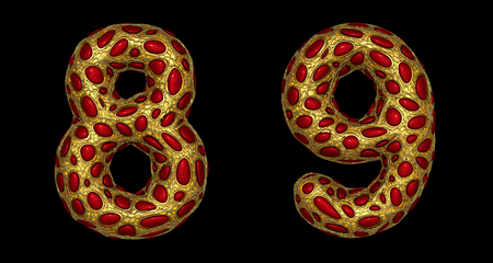 Number set 8, 9 made of realistic 3d render golden shining metallic. Collection of gold shining metallic with red color glass symbol isolated on black backgroundの写真素材