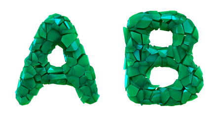 Letter set A, B made of 3d render plastic shards green color. Collection of plastic alphabet isolated on white.の写真素材