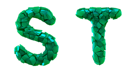 Letter set S, T made of 3d render plastic shards green color. Collection of plastic alphabet isolated on white.の写真素材