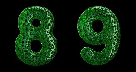 Number set 8, 9 made of green plastic. Collection symbols of plastic with abstract holes isolated on black background 3d renderingの写真素材