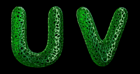 Realistic 3D letters set U, V made of green plastic. Collection symbols of plastic with abstract holes isolated on black background 3d renderingの写真素材
