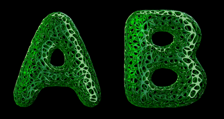 Realistic 3D letters set A, B made of green plastic. Collection symbols of plastic with abstract holes isolated on black background 3d renderingの写真素材