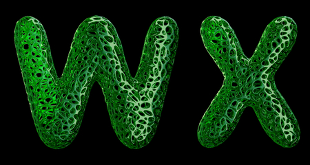 Realistic 3D letters set W, X made of green plastic. Collection symbols of plastic with abstract holes isolated on black background 3d renderingの写真素材