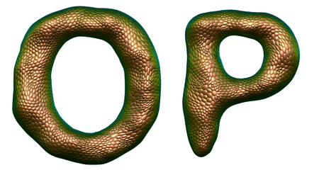 Letter set O, P made of realistic 3d render natural gold snake skin texture. Collection of snake skin texture with gold color symbol isolated on white backgroundの写真素材