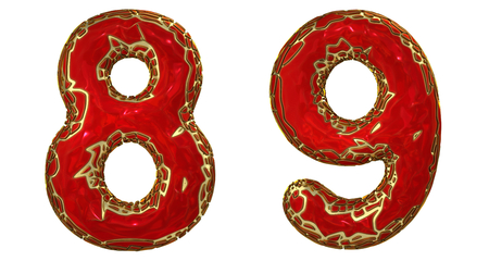 Number set 8, 9 made of realistic 3d render golden shining metallic. Collection of gold shining metallic with red color plastic symbol isolated on white backgroundの写真素材