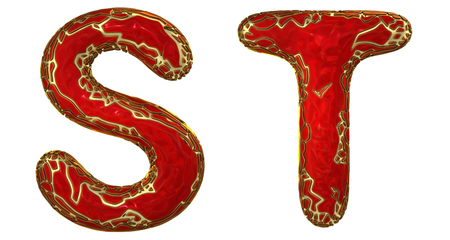 Realistic 3D letters set S, T made of gold shining metal letters. Collection of gold shining metallic with red paint symbol isolated on white backgroundの写真素材