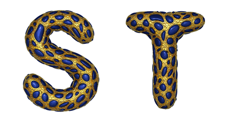 Letter set S, T made of realistic 3d render golden shining metallic. Collection of gold shining metallic with blue color glass symbol isolated on black backgroundの写真素材