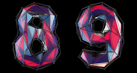 Number set 8, 9 made of red color glass. Collection symbols of low poly style red color glass...