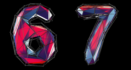 Number set 6, 7 made of red color glass. Collection symbols of low poly style red color glass isolated on black background 3d renderingの写真素材
