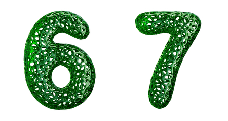 Number set 6, 7 made of green plastic. Collection symbols of plastic with abstract holes isolated on white background 3d renderingの写真素材