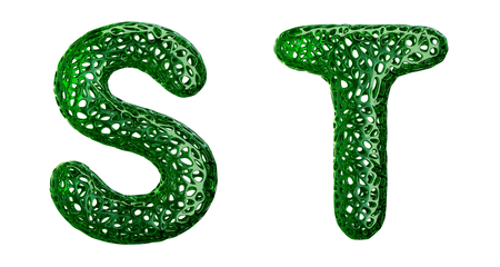 Realistic 3D letters set S, T made of green plastic. Collection symbols of plastic with abstract holes isolated on white background 3d renderingの写真素材