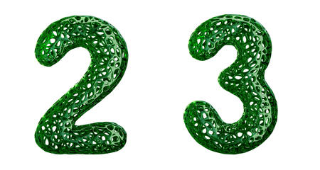 Number set 2, 3 made of green plastic. Collection symbols of plastic with abstract holes isolated on white background 3d renderingの写真素材