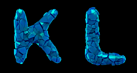 Letter set K, L made of 3d render plastic shards blue color. Collection of plastic alphabet isolated on black.の写真素材
