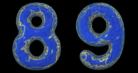 Number set 8, 9 made of realistic 3d render golden shining metallic. Collection of gold shining...