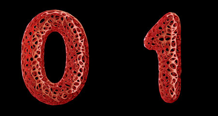 Number set 0, 1 made of red plastic. Collection symbols of plastic with abstract holes isolated on...