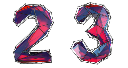 Number set 2, 3 made of red color glass. Collection symbols of low poly style red color glass isolated on white background 3d renderingの写真素材