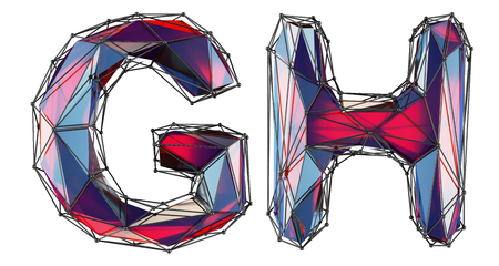 Realistic 3D letters set G, H made of low poly style. Collection symbols of low poly style red color glass isolated on white background 3d renderingの写真素材