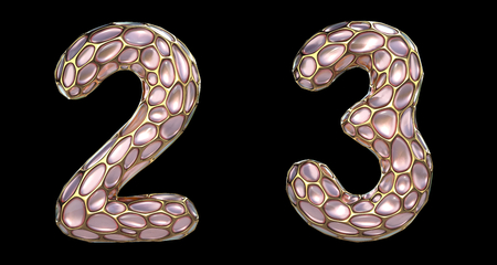 Number set 2, 3 made of realistic 3d render golden shining metallic. Collection of gold shining metallic with pink color glass symbol isolated on black backgroundの写真素材