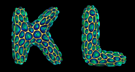 Realistic 3D letters set K, L made of gold shining metal letters. Collection of gold shining metallic with green glass symbol isolated on black backgroundの写真素材