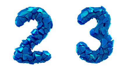 Number set 2, 3 made of 3d render plastic shards blue color. Collection of plastic number isolated on white.の写真素材