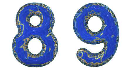Number set 8, 9 made of realistic 3d render golden shining metallic. Collection of gold shining...