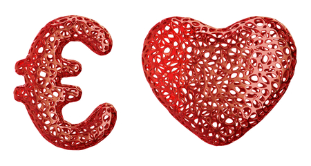 Symbol collection euro and heart made of red plastic. Collection symbols of plastic with abstract holes isolated on white background. 3d renderingの写真素材