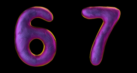 Number set 6, 7 made of realistic 3d render purple color. Collection of natural snake skin texture style symbol isolated on black backgroundの写真素材