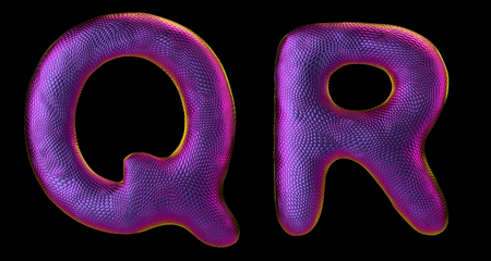 Letter set Q, R made of realistic 3d render natural purple snake skin texture. Collection of snake skin texture with purple color symbol isolated on black backgroundの写真素材