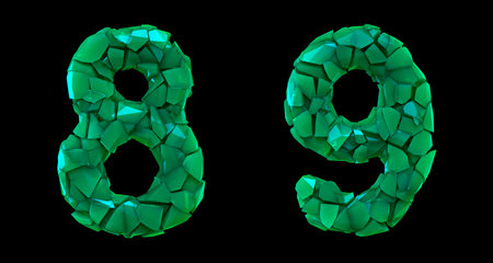 Number set 8, 9 made of 3d render plastic shards green color.
